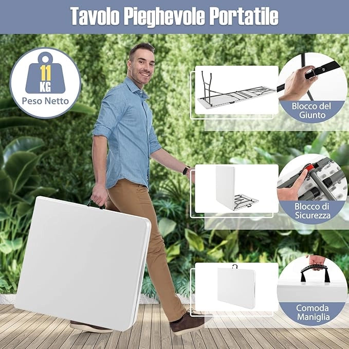 Tavolo Pieghevole Portatile da 180/245 cm, Tavolo da Campeggio in HDPE, Meccanismo di Blocco Sicuro, Tavolo da Picnic con Maniglia, Portata 160 kg (180 cm,Bianco)