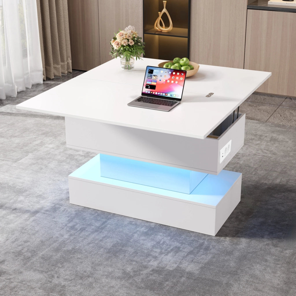 Tavolino trasformabile bianco con LED, prese e piano sollevabile