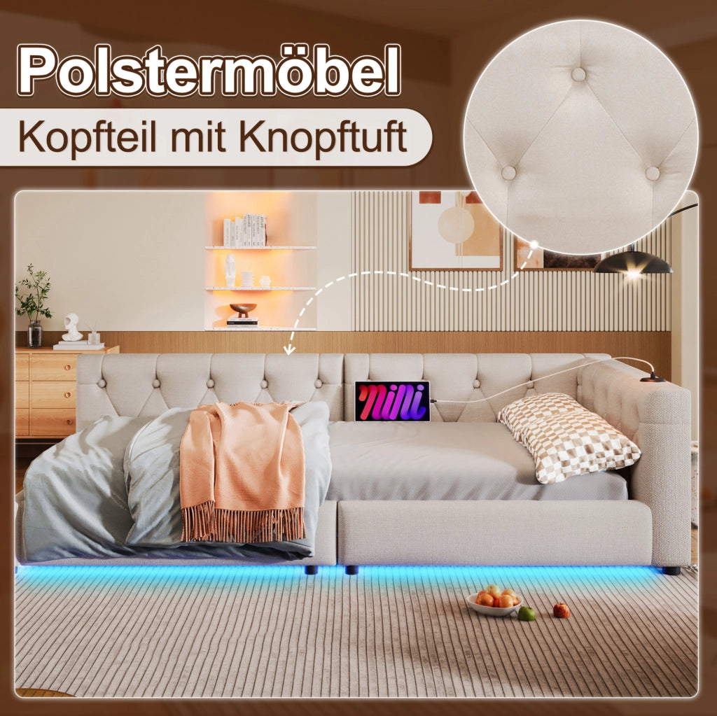 LETTO da giorno 90x200 cm in lino beige con USB, Type-C e LED