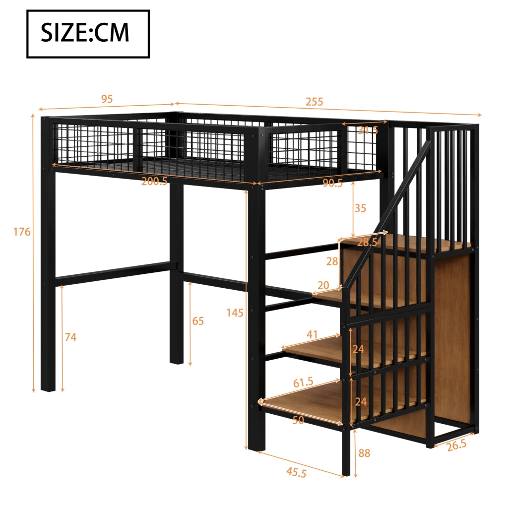 LETTO A CASTELLO 90x200 cm in metallo nero con scala e armadio