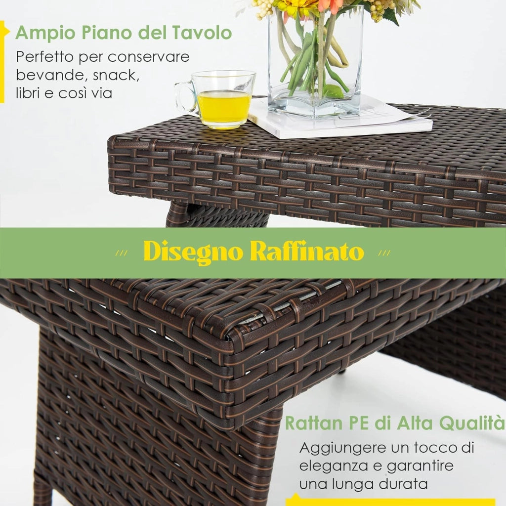 Tavolino da Caffè Rettangolare in Vimini Pieghevole, con Struttura in Acciaio Resistente e Cuscinetti Antiscivolo, Utilizzabile da Interno e Esterno (Marrone)