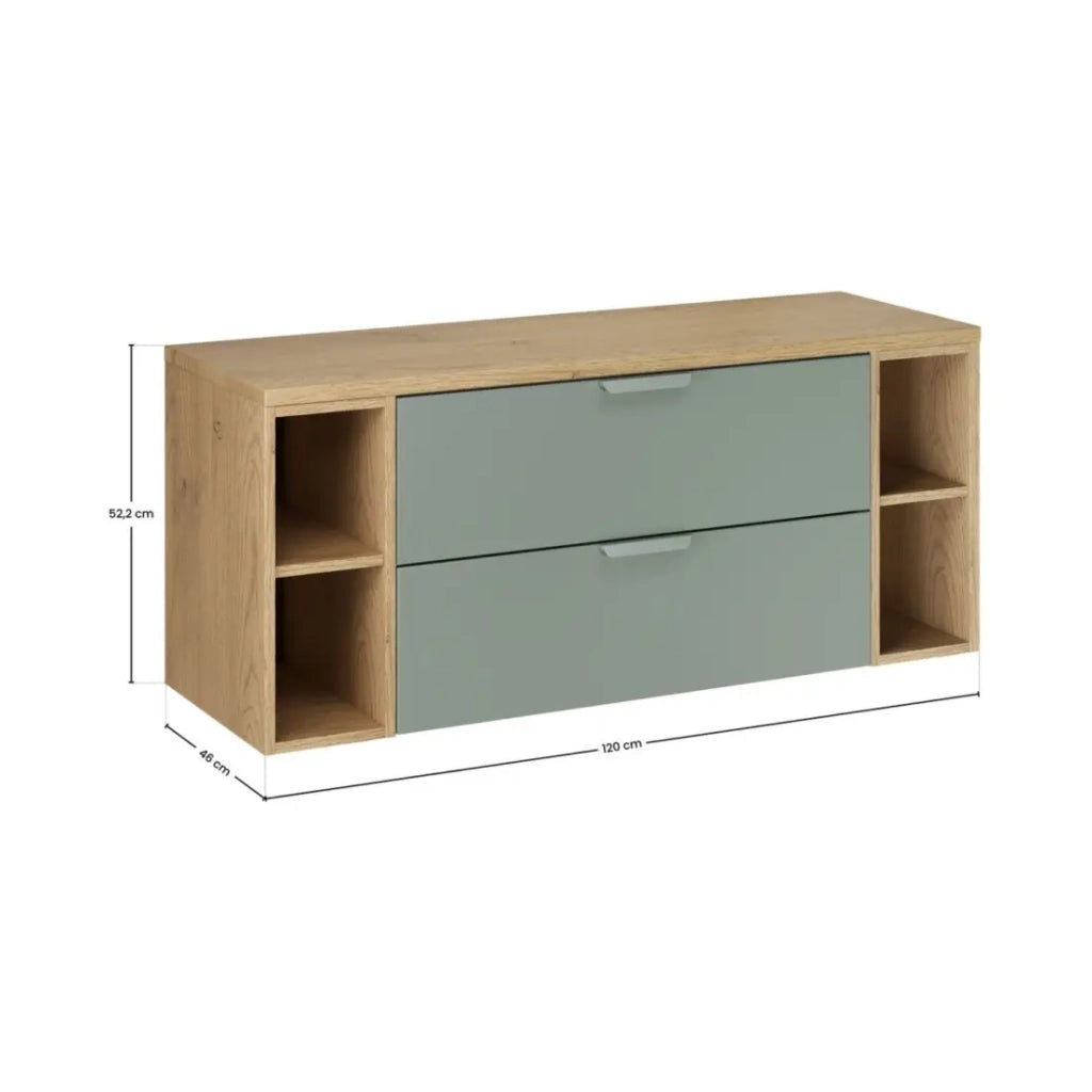 Insieme OSTER 120cm: mobile sotto lavabo con cassetti verde salvia e nicchie a vista + piano per lavabo effetto rovere chiaro