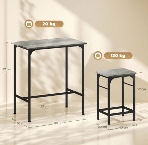 Set tavolo bar con 2 sgabelli grigio e acciaio