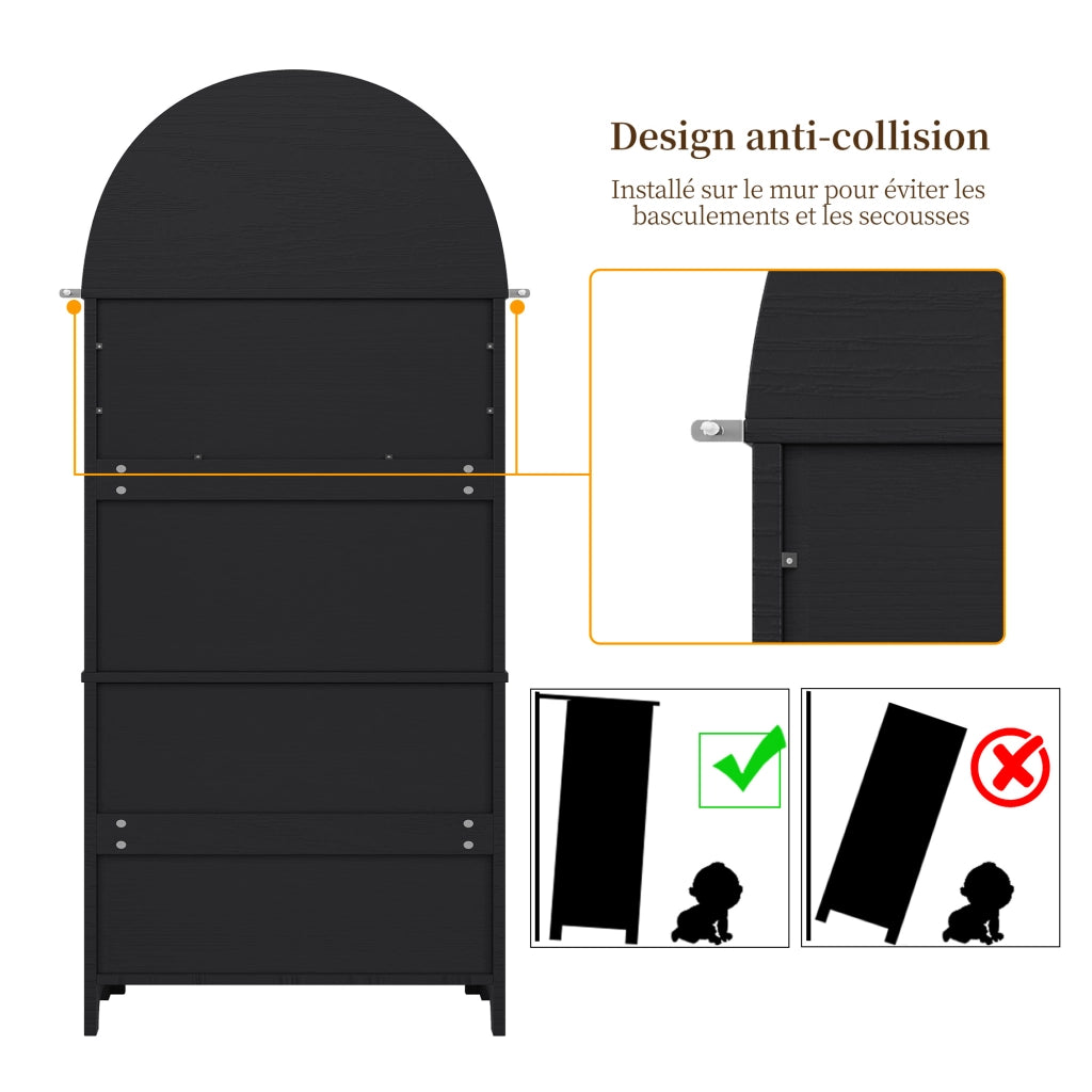 Armadio Alto con 2 Ante e 3 Cassetti; Vano Aperto; Design ad Arco; in MDF; Nero; 70??35??180 cm