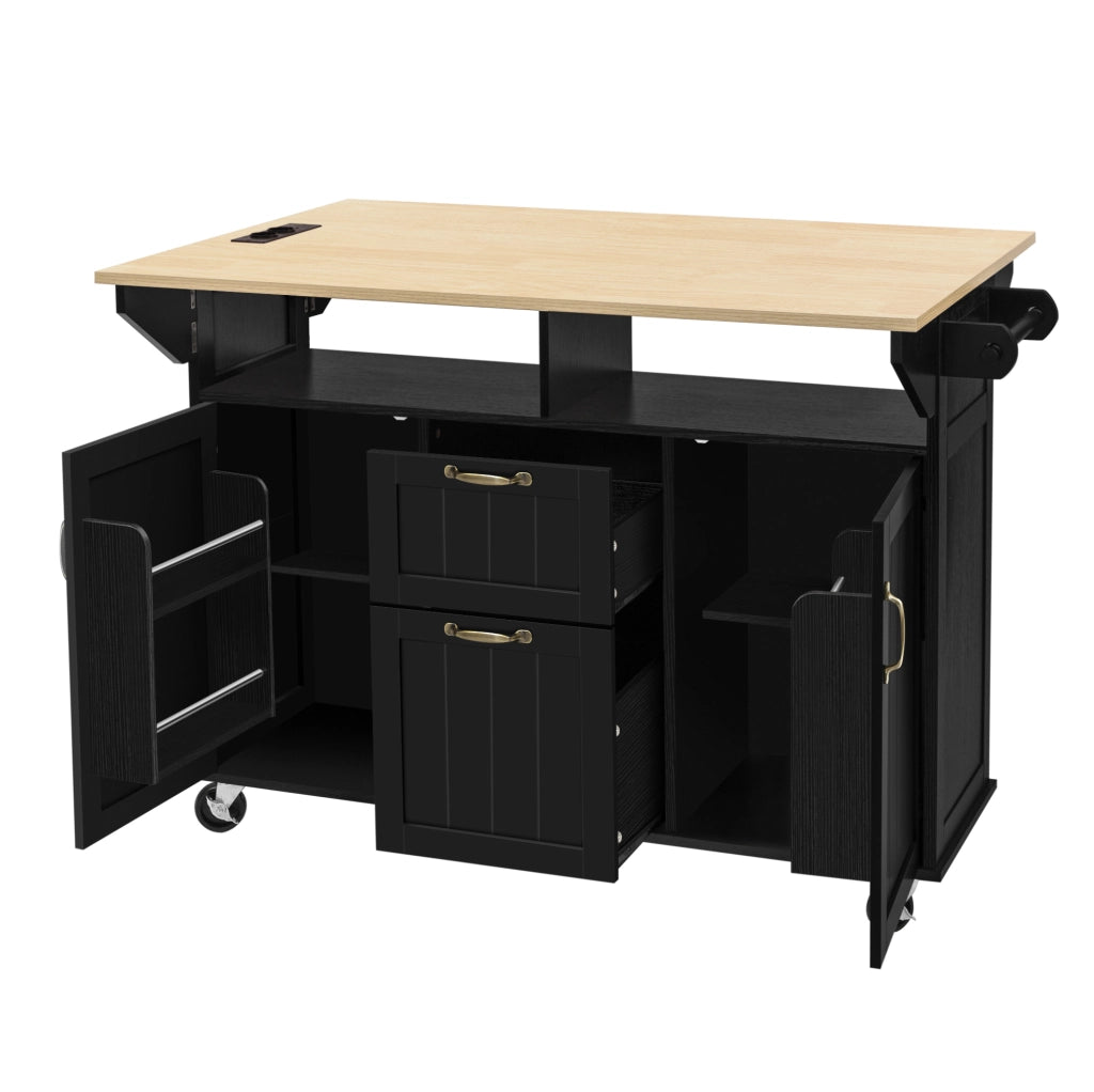 Isola cucina 120x40-60-80x92 cm con piano pieghevole e prese; in MDF e PB; nero e naturale