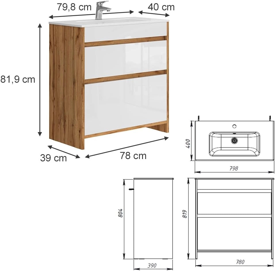 Mobiletto per lavabo Detmold, Quercia dorata, 2 parti, mobile base 80 cm, composto da mobile sottolavabo e lavabo