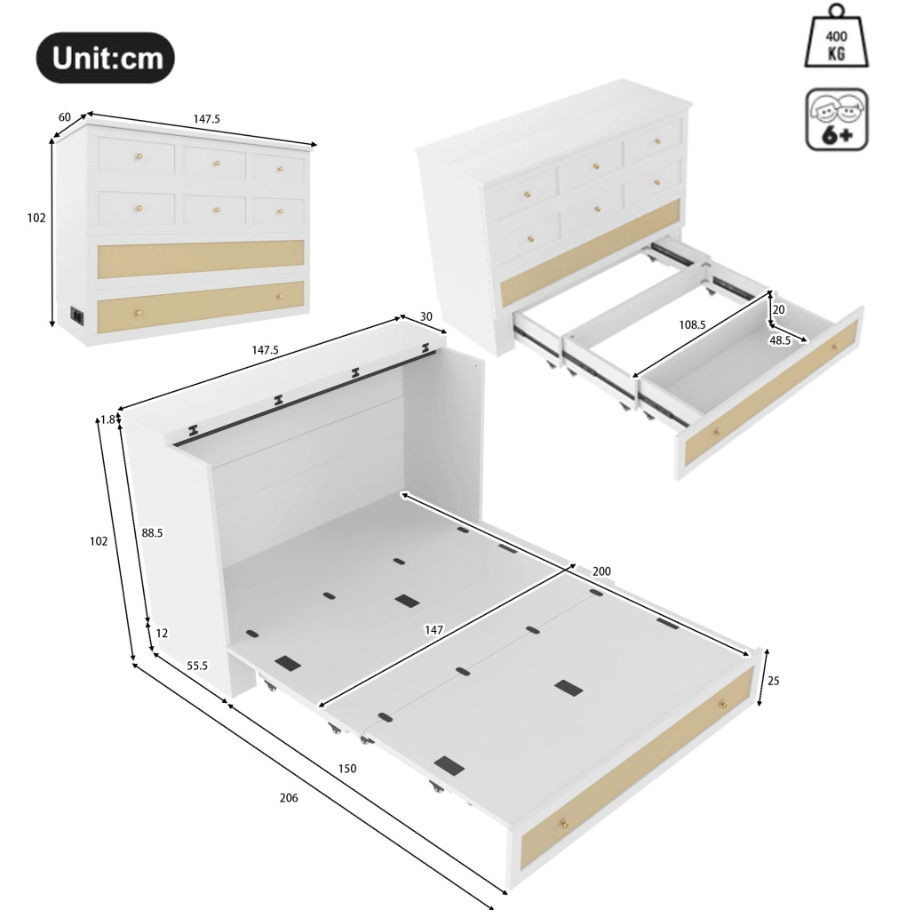 LETTO Convertibile 140x200 cm MDF Bianco con USB e presa
