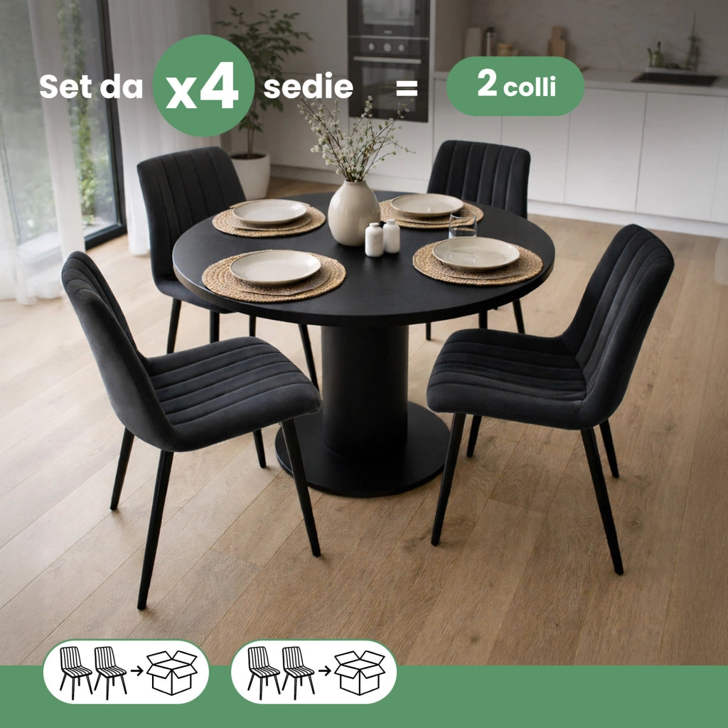 Set di 4 Sedie in velluto trapuntate LIVO Nero gambe nere