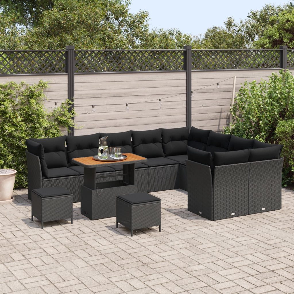Set divano da giardino a 12 pezzi con cuscini in polyrattan nero e acacia