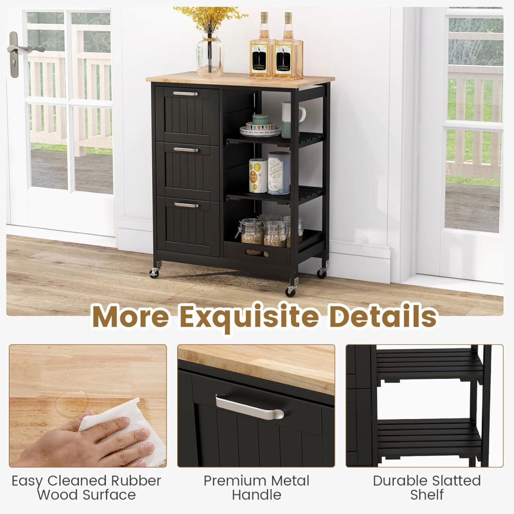 Carrello di Servizio con 4 Ripiani, Scaffale da Cucina con Rotelle, Mobiletto Cucina Salvaspazio con 3 Grandi Cassetti, 67x37x83,5 cm, 2 Colori (nero)
