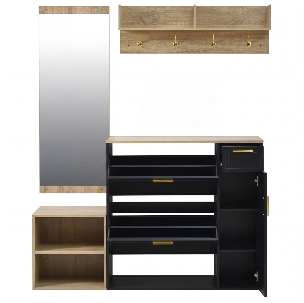 Set guardaroba 4 pezzi 130x30x174 cm naturale nero, truciolare con specchio