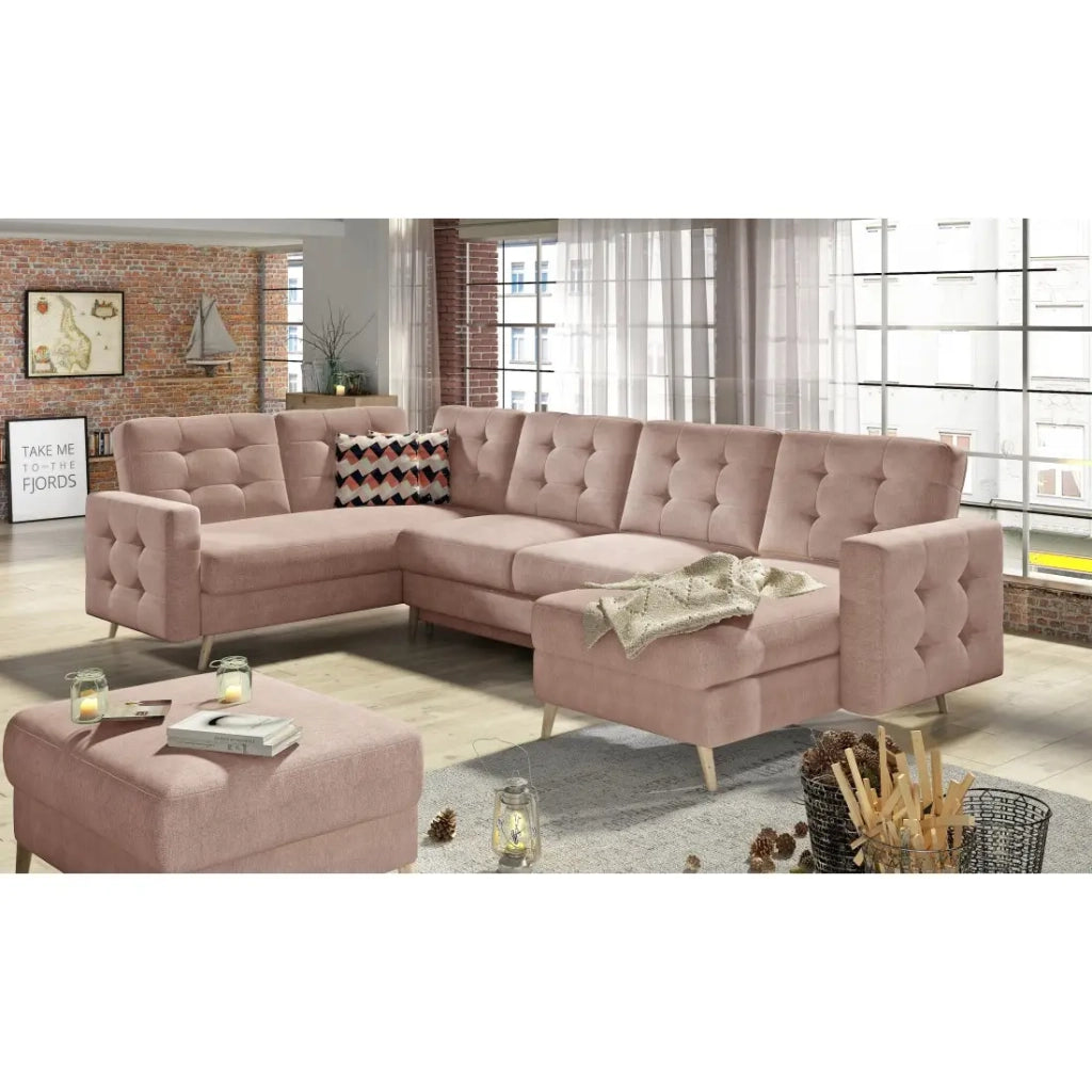 Divano ad angolo panoramico convertibile HASGARD U 326x202 cm rosa velluto