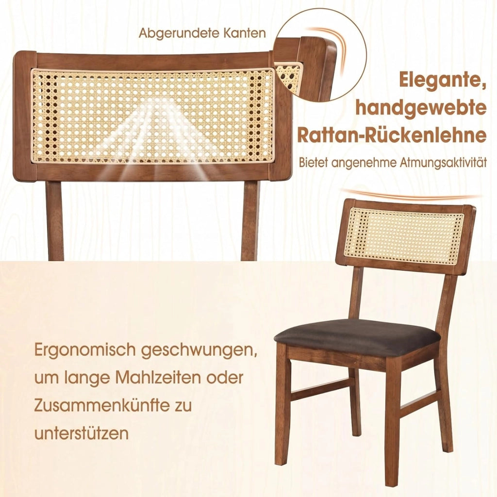 Set di 2 sedie da pranzo con schienale in rattan, sedie da cucina imbottite, portata fino a 180 kg, sedia imbottita in legno, per sala da pranzo, soggiorno, cucina, balcone (marrone)