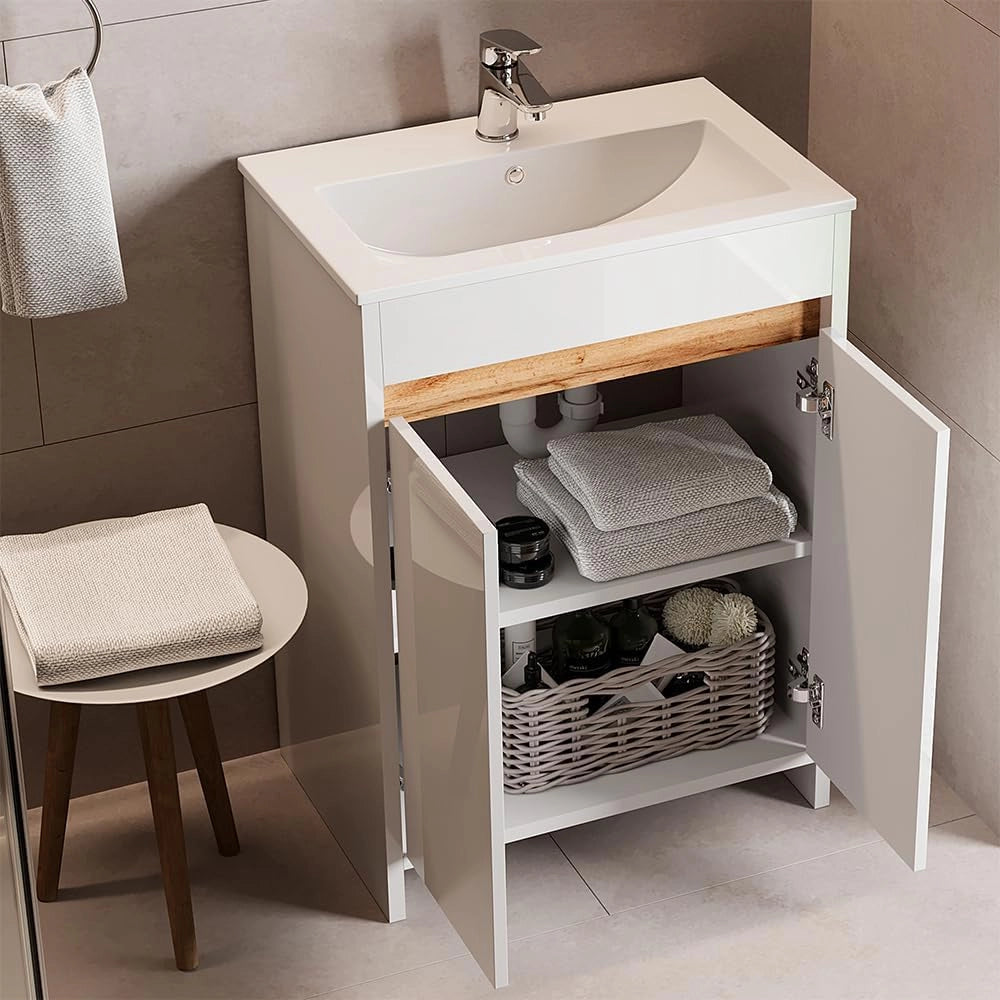 Set di mobili da bagno Lemgo, Bianco lucido, 59.6 cm, composto da mobile sottolavabo e lavabo