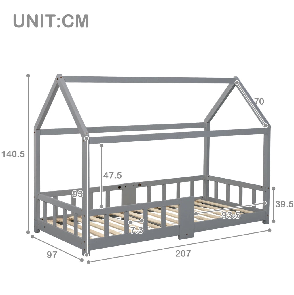 Letto a casetta per bambini 90x200 cm grigio con lavagna