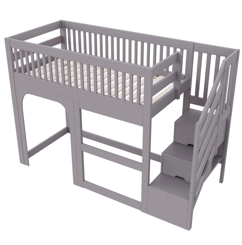 Letto a soppalco per bambini 90x200 cm con LED; scala contenitore e barriera; grigio