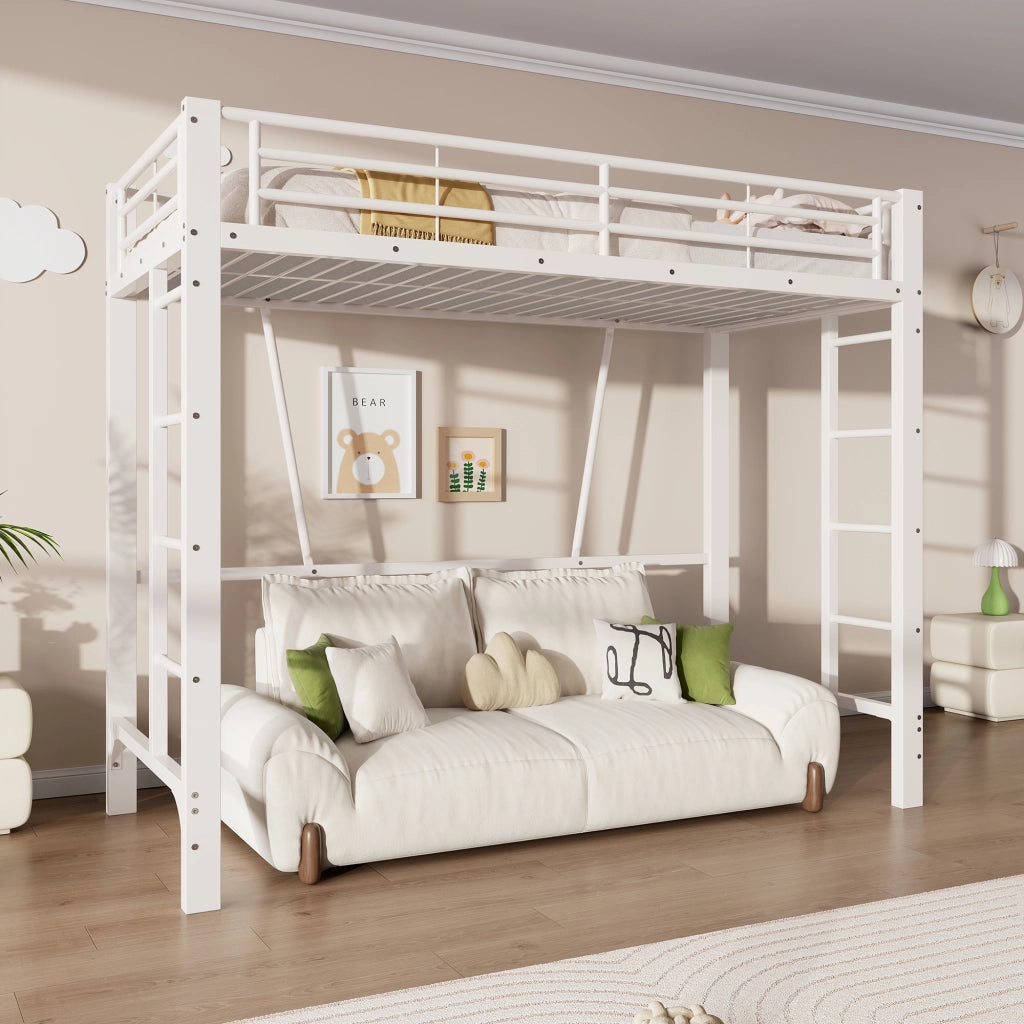 Letto a soppalco 90x200 cm – con doppia scala e spazio sottoletto modulabile – metallo – bianco