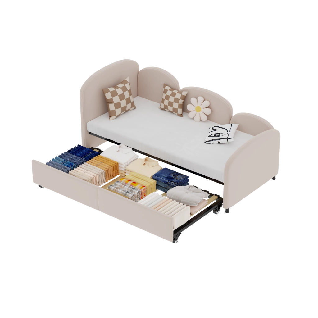 Letto per bambini 90x200 cm in velluto rosa con cassetto contenitore e struttura robusta