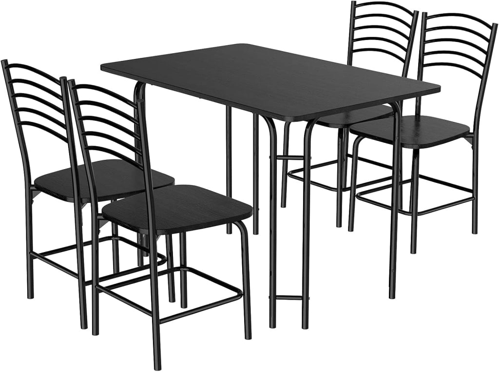 Set da Pranzo con 1 Tavolo e 4 Sedie, Set di Tavolo da Pranzo Salvaspazio di 5 Pezzi, Set Mobili per Cucina, Sala da Pranzo, in Metallo e MDF, Moderno, Nero