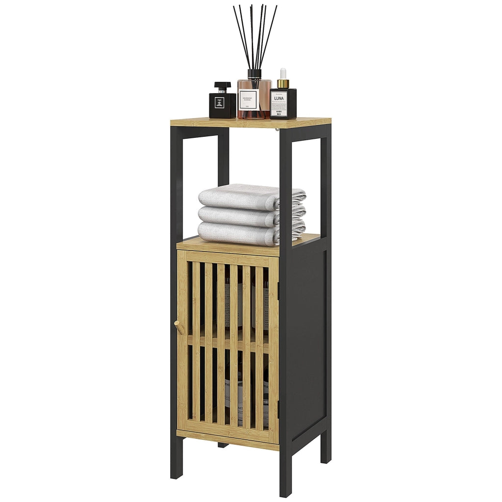 Mobiletto Bagno con Ripiano Aperto e Armadietto 32x30x90,5 cm in MDF e Bambù Nero e Color Legno