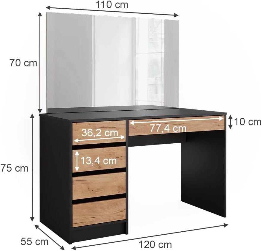 Tavolo da toilette Sherry, Antracite/quercia dorata, 120 x 75 cm con specchio, con specchio rettangolare per uso quotidiano