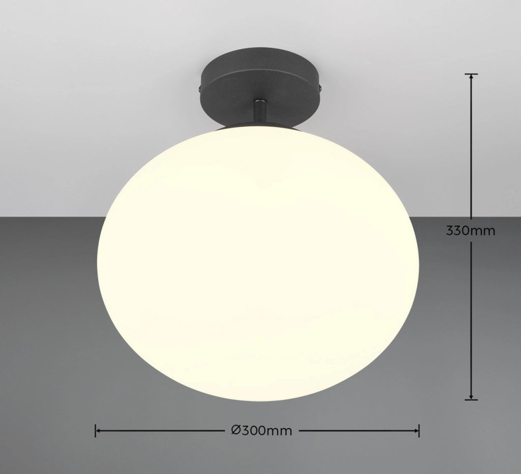 Plafoniera minimal nera, sfera vetro bianco E27 Trio