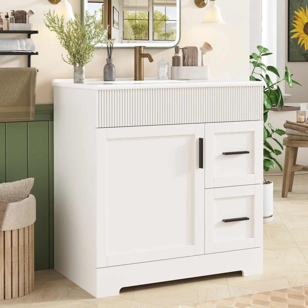 Mobile sottolavabo da bagno con lavabo in ceramica, 2 cassetti e ripiani regolabili, per bagno, bianco, 81,5 × 47 × 85,5 cm