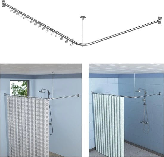 Stang per docciaschermo L, braccia di sostegno regolabili in acciaio inossidabile SUS304, binario per docciaschermo angolo 100-120 x 100-190 cm, stang per docciaschermo inclusa con 16 anelli per docciaschermo per vasca da bagno