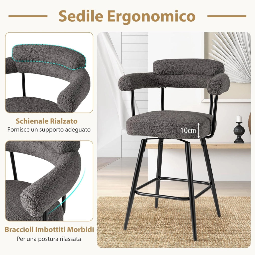 Set di 2 Sgabelli da Bar Girevoli, Sedie Imbottite in Boucle con Schienale, Braccioli Curvi, Gambe in Metallo e Poggiapiedi, Portata 150 kg, per Isola Cucina, Caffè e Pub (Grigio)