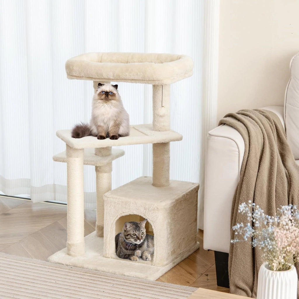 Albero per Gatti a 4 Piani, Torre con Tiragraffi, Nicchia per Gatti, Pallina di Peluche con Sonagli, Piattaforma per Saltare, Albero Tiragraffi per Animali Domestici (Beige)