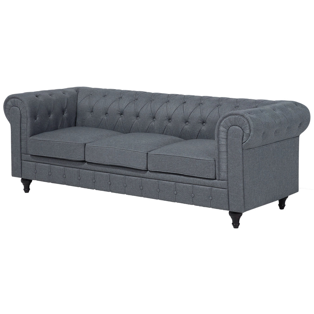 Chesterfield Divano ad angolo in tessuto versione destra Rivestimento in tessuto grigio Gambe in legno scuro Chaise 6 posti contemporanea