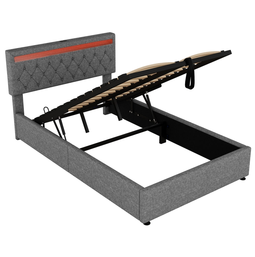 Letto imbottito 140x200 cm; LED e vano contenitore; lino grigio
