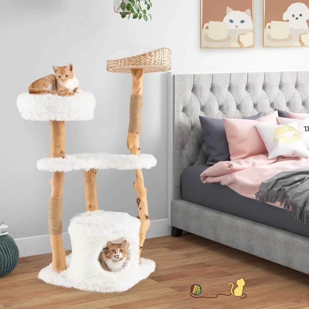 Albero per Gatti in Legno Alto 124 cm, Albero Tiragraffi per Gatti in Legno Massello con Pali di Corda di Juta, Torre Moderno per Animali Domestici Interni a 5 Livelli (Bianco)