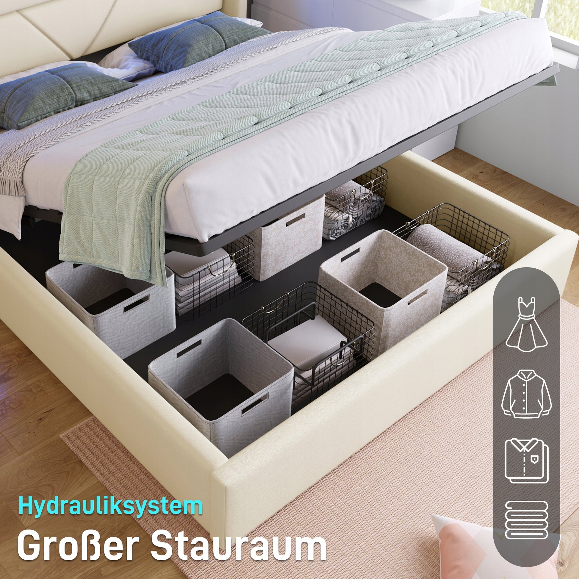 Letto imbottito 160x200 - Xylo - LED, sistema idraulico, bianco