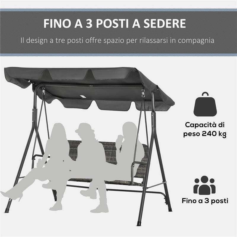 DONDOLO DA GIARDINO 3 POSTI CON TETTUCCIO REGOLABILE IN RATTAN PE 167X112X153 CM GRIGIO SCURO