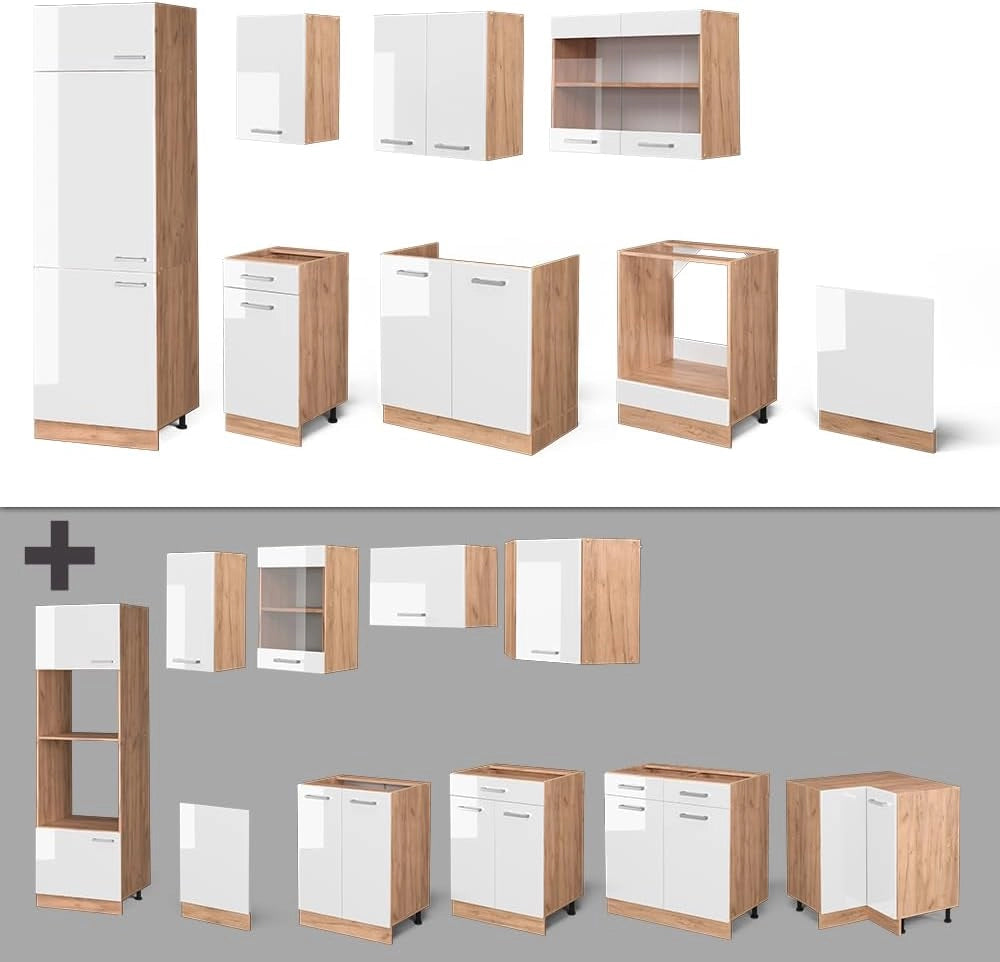 Cucina componibile R-Line, Bianco lucido/oro power oak, 300 cm senza piano di lavoro, per disposizione flessibile ed espansione con moduli aggiuntivi