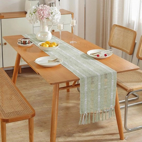 Tavolo rustico con pennelli in stile bohemiano - Decorazione da tavolo a stile contadino a strisce - Tavolo rustico con bordo ricamato pennelli - Ideale per decorazioni da festa e ristorante (33x275cm)