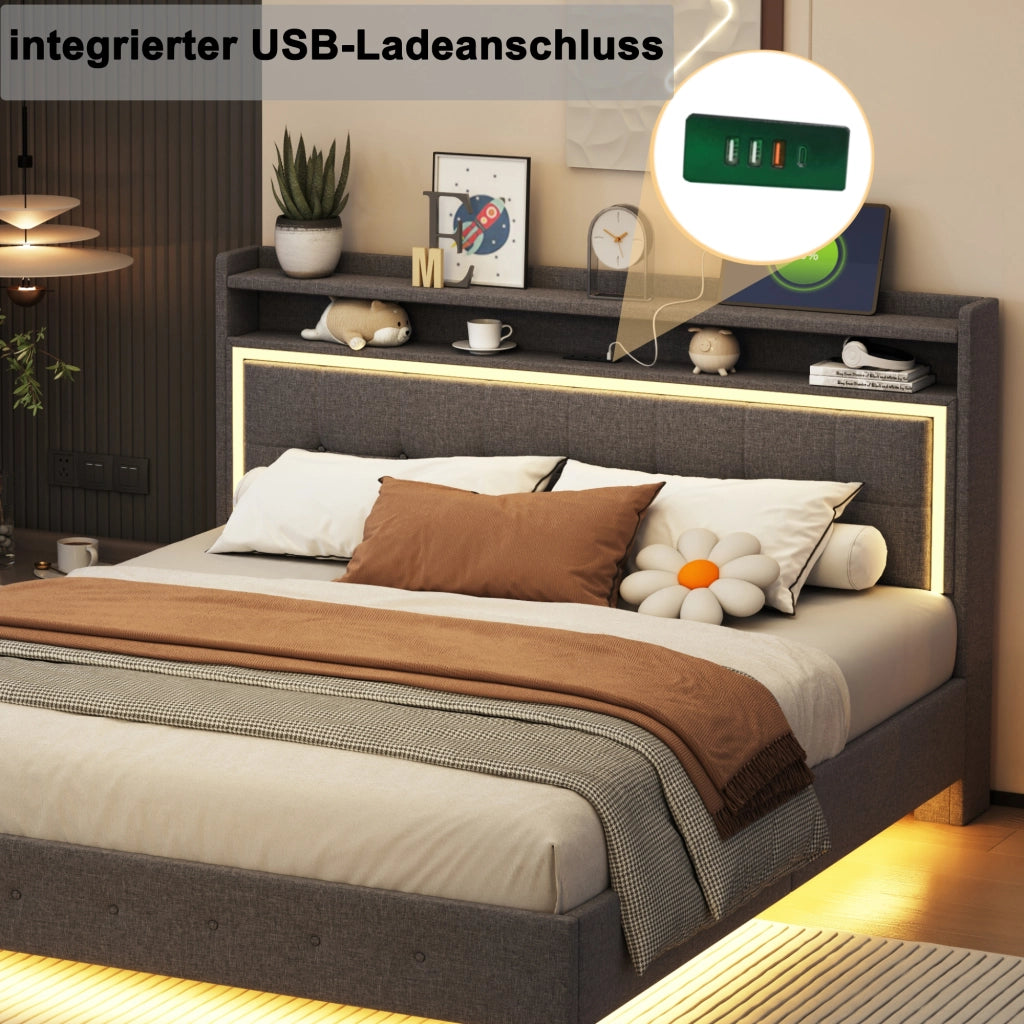 Letto imbottito matrimoniale 160×200 cm con USB; LED e piedi nascosti; senza materasso; grigio
