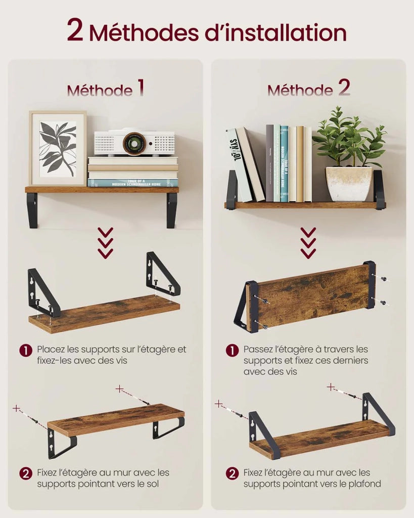 Mensola sospesa da parete set di 2 opzioni di montaggio 40 cm per soggiorno cucina ufficio bagno marrone rustico e nero opaco 12_0008006