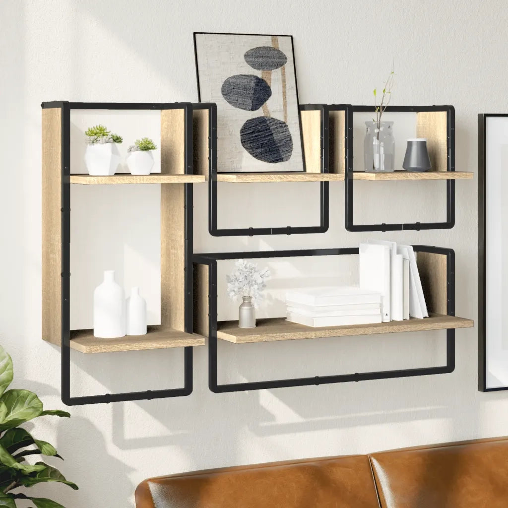 4 pz Set Mensole Parete | Mensola sospesa con Aste Rovere Sonoma Legno Multistrato