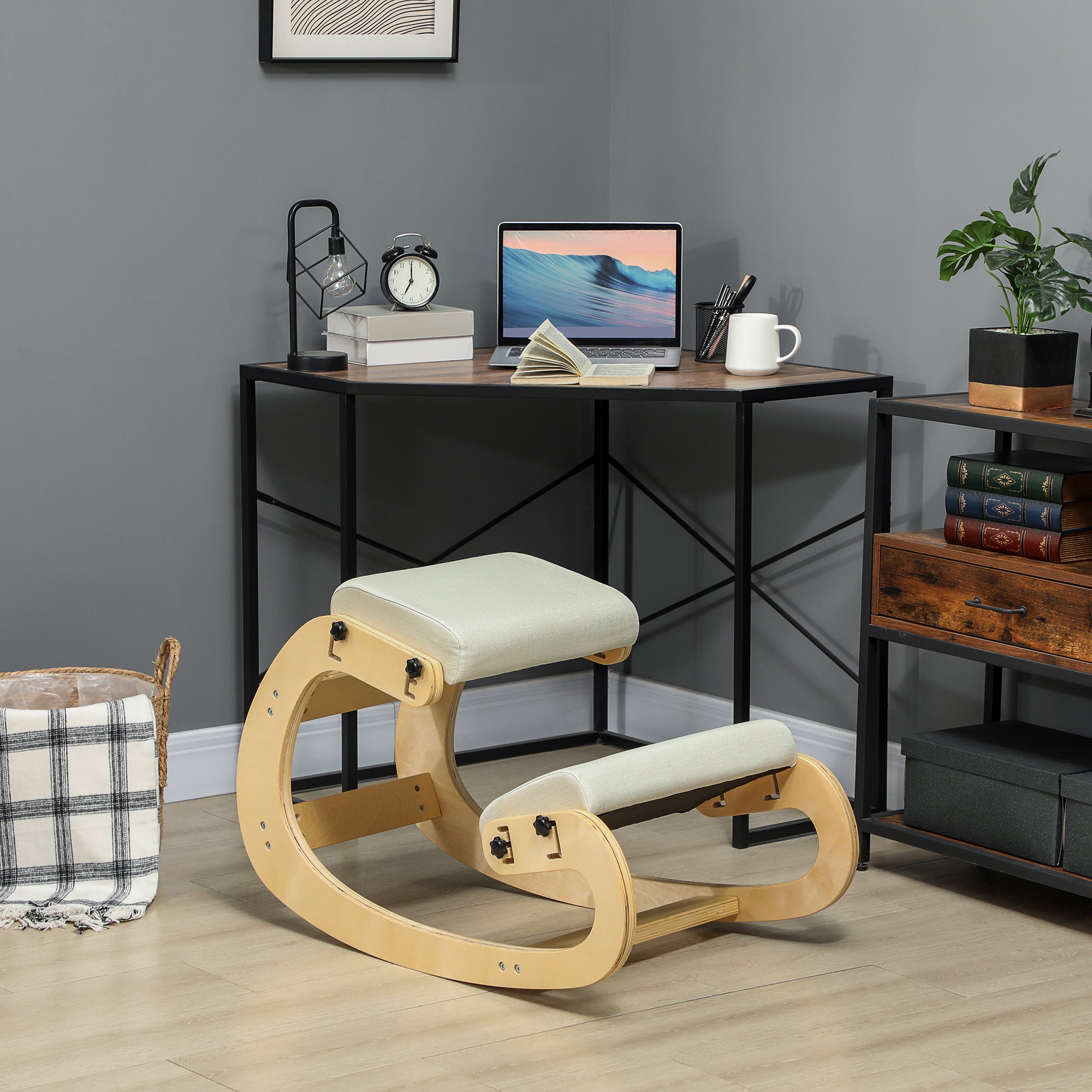 Sedia Inginocchiatoio Regolabile in 6 Posizioni 55x85x55 cm in Tessuto Effetto Lino e Legno di Betulla Crema