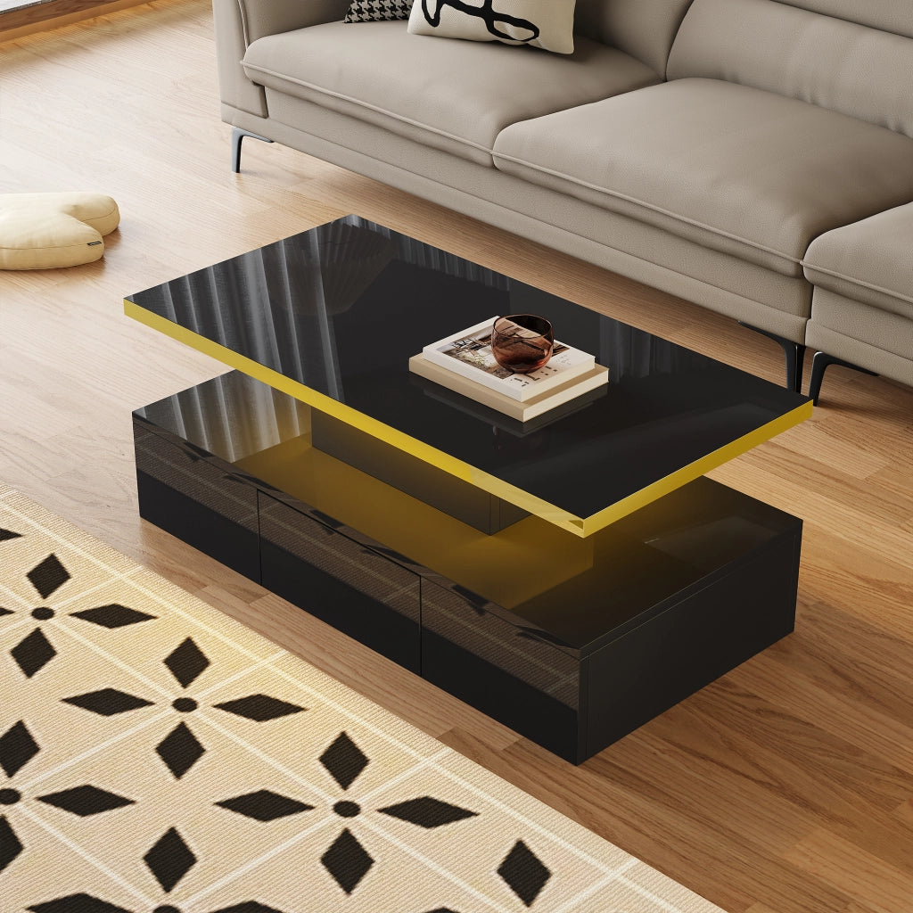 Tavolino da caffè con 1 Cassetto e 2 Ripiani; con LED; Laccato Lucido; Stile Moderno; in Pannello truciolare; Nero; 100×50×39 cm