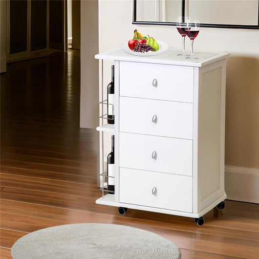 CASSETTIERA POKER + PORTABOTTIGLIE BIANCO IN FAGGIO BASE INFERIORE IN MULTISTRATO DI BETULLA 4 CASSETTI CESTELLI IN FERRO CROMATO