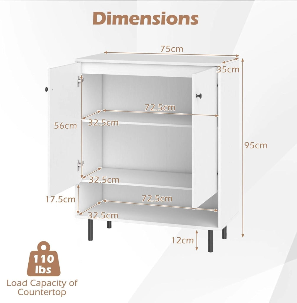 Buffet Soggiorno, Scaffale regolabile in 5 posizioni, scomparto aperto, 2 ante, armadio da cucina, kit antiribaltamento, armadio per ingresso, sala da pranzo, soggiorno, bianco