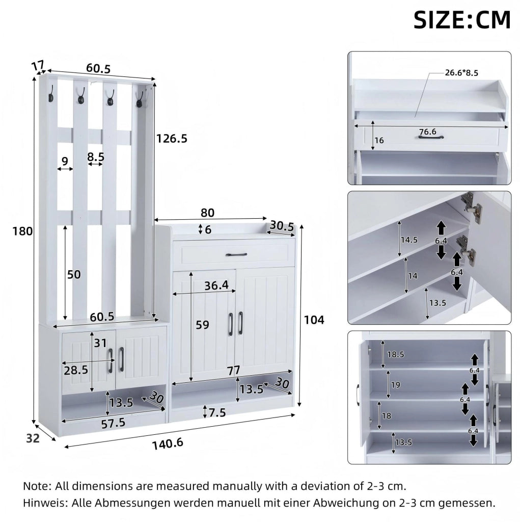 Set ingresso 3 in 1 con panca; pannello appendiabiti e scarpiera 140x32x180 cm; bianco in truciolare