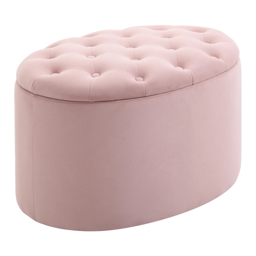 Pouf Contenitore con Coperchio Imbottito e Trapuntato, Poggiapiedi in Velluto Ovale per Salotto e Camera da Letto, Rosa