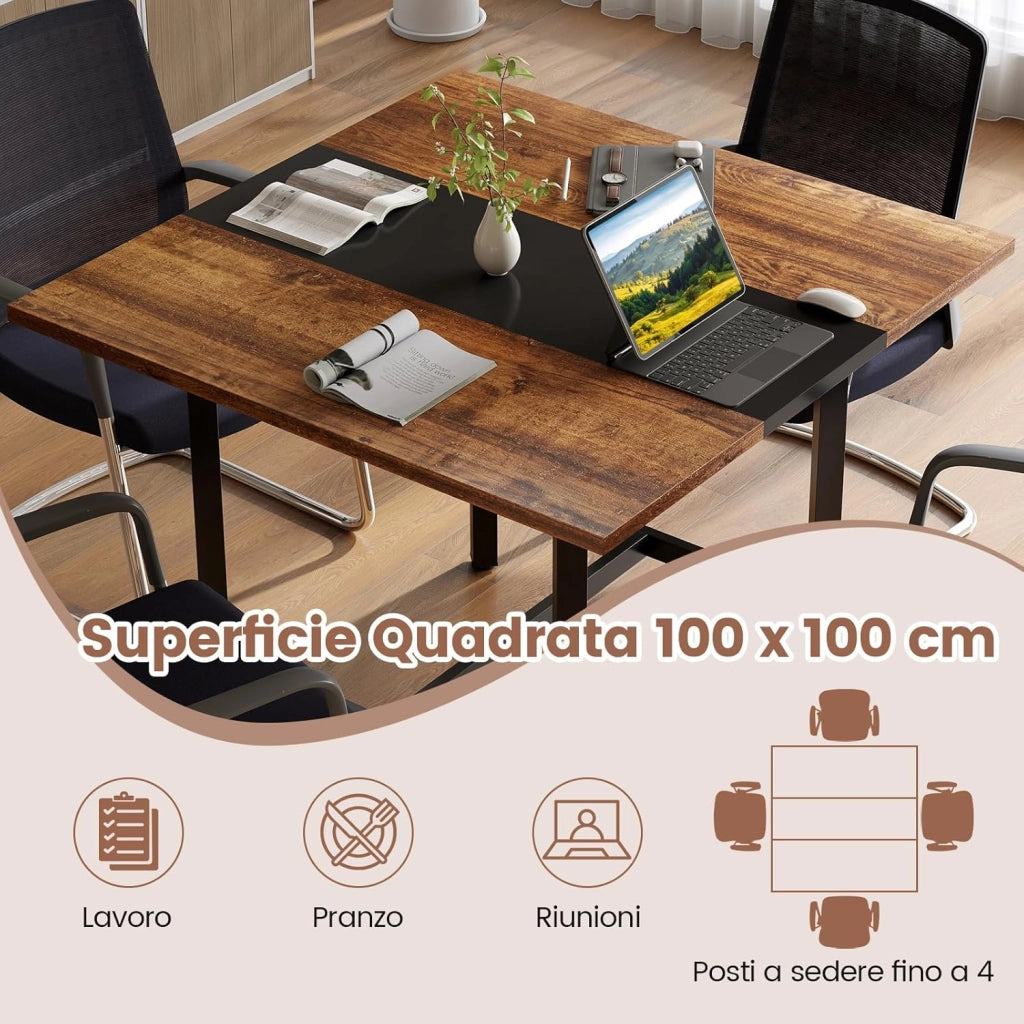 Tavolo da Conferenza Quadrato 100 cm, Tavolo da Riunioni con Piano Rinforzato e Struttura Metallica Robusta, Ideale per 4 Persone da Ufficio e Sala Riunioni (Marrone)