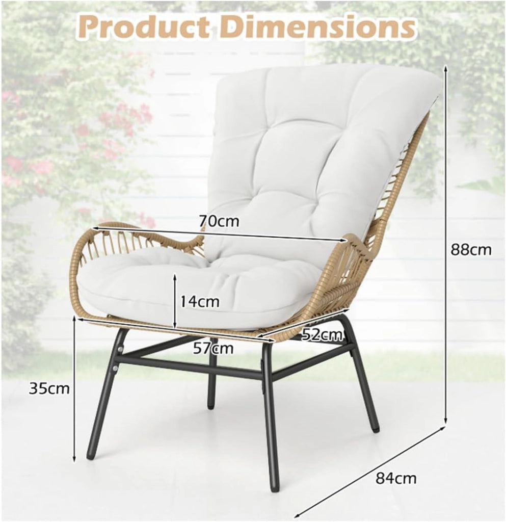 Poltrona da esterno, Sedia da giardino in rattan PE con cuscino imbottito, schienale reclinabile, braccioli curvi, poltrona relax per interni ed esterni, 84 x 70 x 88 cm