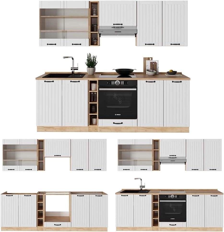 Cucina componibile Fame-Line, Bianco casa di campagna, 235 cm senza piano di lavoro