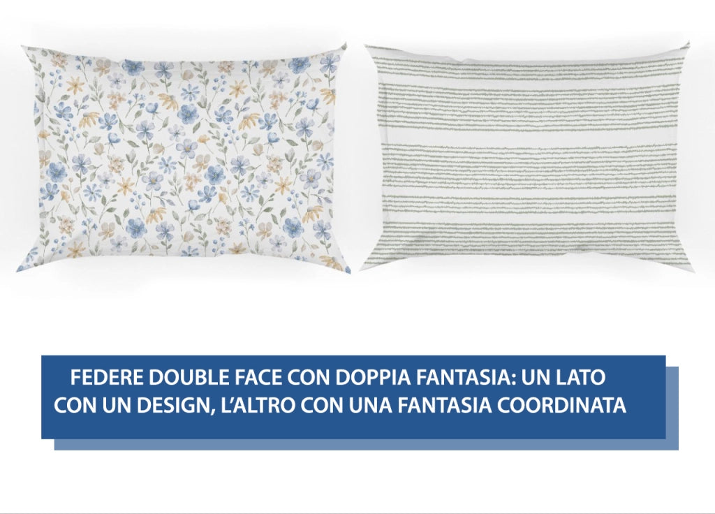 Completo Lenzuola Letto In 100% Cotone Made Italy Disegno Primavera - Francese - Azzurro